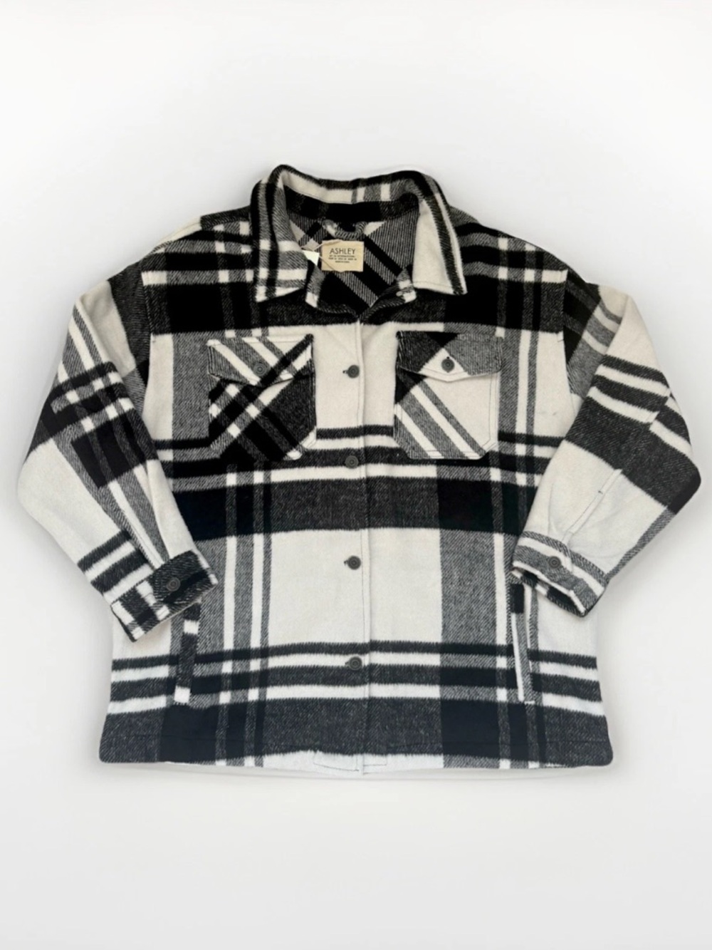 Ashley Woman’s Plaid Black And White Shirt Jacket Buffalo Check Pattern Size M